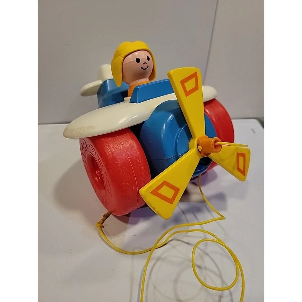 Vintage 1980s Fisher Price Plane Plastic Helicopter Airplane Pull‎ Toy